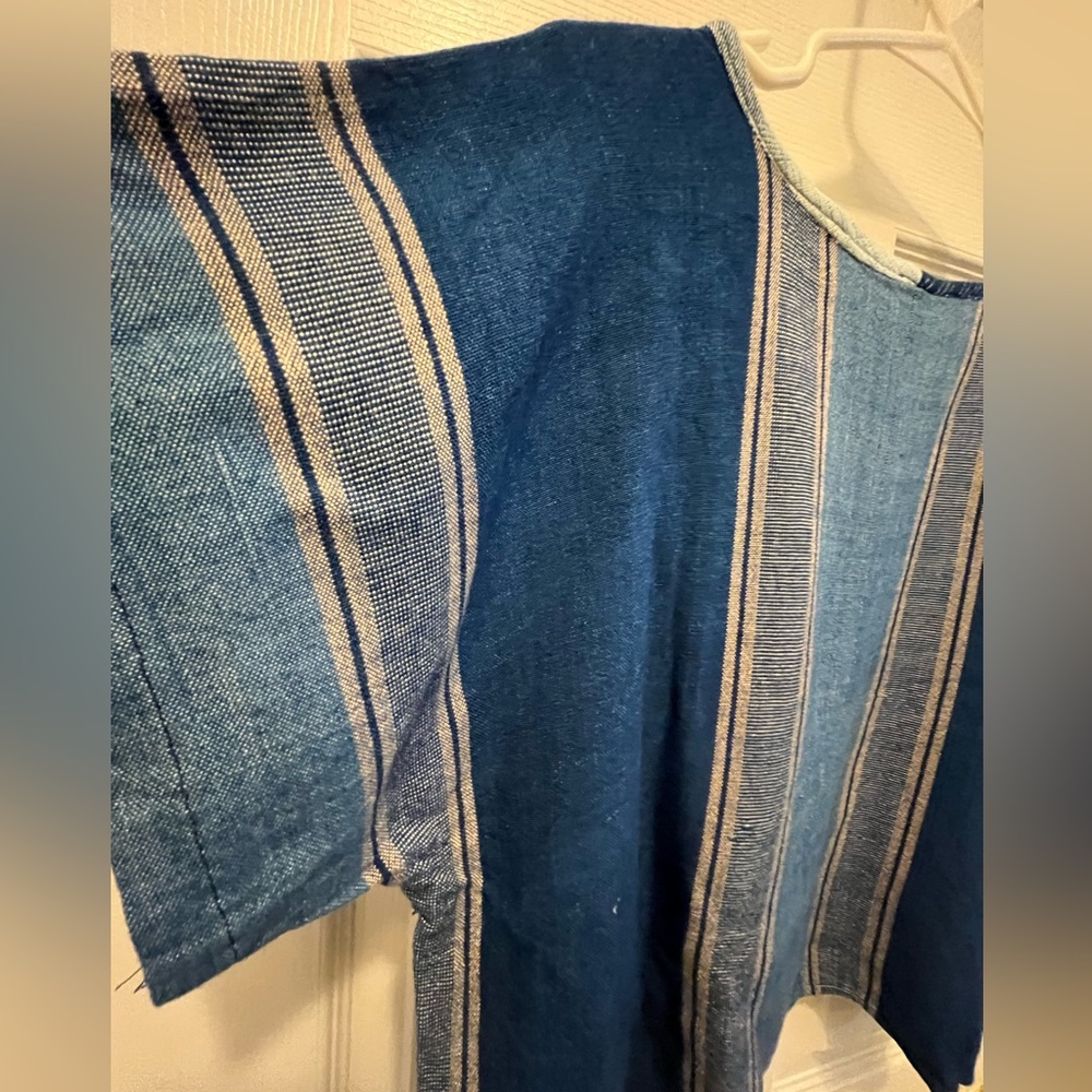 Hand tailored in Thailand Blue Striped Women's Cropped Top Linen Cotton Blend - Picture 3 of 5
